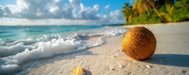 A coconut ball is sitting on the beach next to the ocean