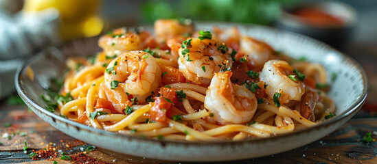 Plate with shrimp pasta. Italian food, dish, meal, dinner. Healthy mediterranean diet eating.