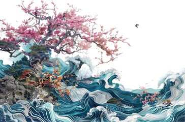 Japanese Cherry Blossom Bonsai and Koi Fish Over Waves Isolated on Transparent Background