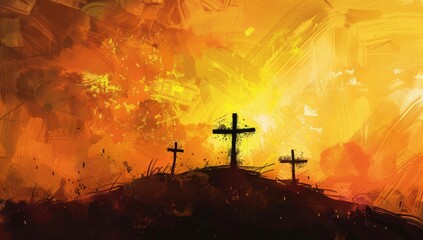 A digital painting of an Easter scene with three crosses on the hill Generative AI - obrazy, fototapety, plakaty