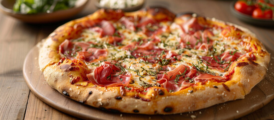 Delicious prosciutto pizza with tomato sauce, cheese, ham and herbs. Italian food, dish, meal, snack, dinner, lunch. 