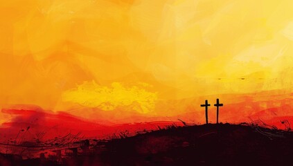 abstract background, yellow and red color tones, brush strokes, silhouette of two crosses on the horizon in front of an empty hillside Generative AI