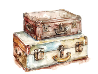 Antique Watercolor Suitcases Stacked Isolated on Transparent Background