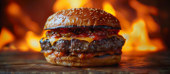 Tasty hot burger, hamburger, cheeseburger with beef, cheese, tomato sauce close up. Fast food. Fire flame background.
