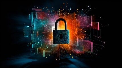 A dynamic 3D visualization of a padlock morphing into digital particles and reassembling around a virtual data core