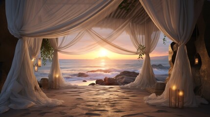 A photo-realistic image showcasing a sunset view where a canopy bed adorned with light