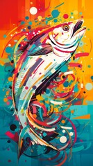 A vibrant stylized illustration of a mackerel joyfully leaping out of a can