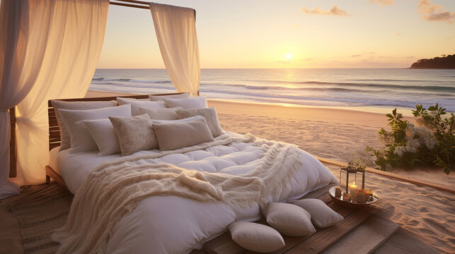 A high-resolution photograph capturing the early morning light as it illuminates a lavish bed complete with plush bedding and pillows