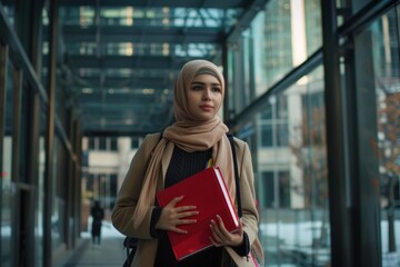 An elegant young Muslim woman in hijab carrying books, happily walking in a business district, reflecting urban professional life, Generative AI