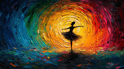 An abstract painting of a ballet dancer against a vibrant, multicolored circular background. - obrazy, fototapety, plakaty