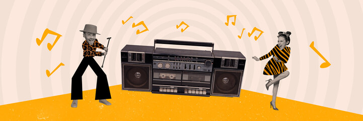 Horizontal picture magazine collage of two young people couple lovers wear theme clothing enjoy retro music isolated on beige background