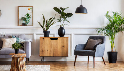 Modern scandinavian home interior with design wooden commode, plants in black pots, gray sofa,...