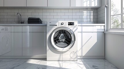 a minimalist laundry room, a combination of gray and white, washing machine and dryer, laundry room, photorealistic