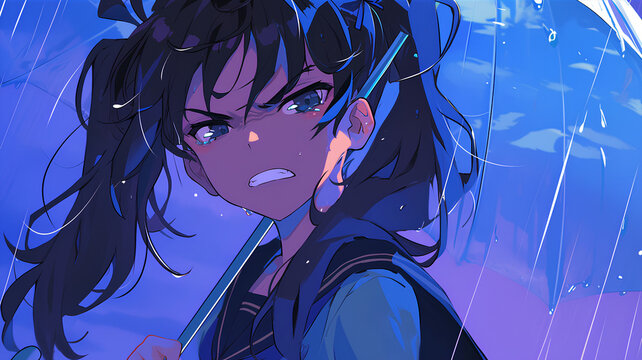 school uniform anime girl character with an annoyed face, pigtailed hair