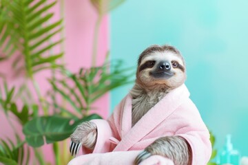 Fototapeta premium A sloth in a pink bathrobe relaxes after a massage