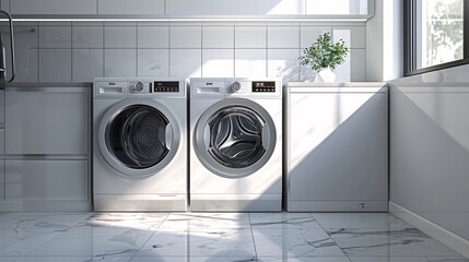a minimalist laundry room, a combination of gray and white, washing machine and dryer, laundry room, photorealistic - obrazy, fototapety, plakaty