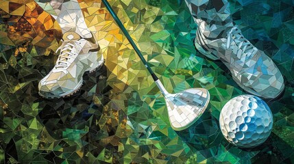 Naklejka premium Illustration of person playing golf, player in mid-swing position. Drawn mosaic style of artwork. Concept of professional and luxury sport, leisure time, recreation, games. Copy space. Ad