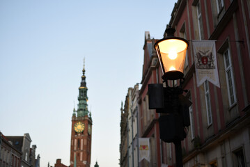 Poland, Gdansk. August 16, 2023. Night. Street lamp on the background of the city