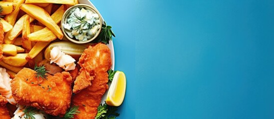 Fish and Chips top view. Fish and chips with tartar sauce on a blue background. web banner with Copy space for text. - obrazy, fototapety, plakaty