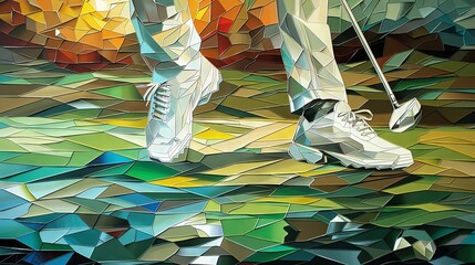 Illustration of person playing golf, player in mid-swing position on field. Drawn mosaic style of artwork. Concept of professional and luxury sport, leisure time, recreation, games.