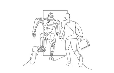 Continuous one line drawing of businessman and robot competing to enter door first, human versus AI, employment concept, single line art.