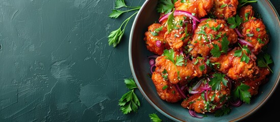 Fried Chicken. A bowl of fried cauliflower florets with red onions and parsley. web banner with Copy space for text.