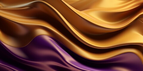 Elegance in motion: 3D waves create an abstract background with a bright gold and purple gradient, resembling silk fabric.