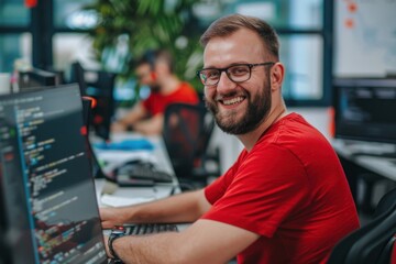 Successful smiling man working inside office with laptop, businessman in red shirt smiling and typing on keyboard in glasses, programmer working software for program, Generative AI - obrazy, fototapety, plakaty