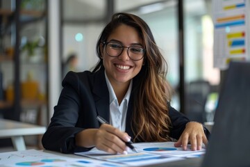 latin american businesswoman working inside office with documents and laptop, worker paperwork calculates financial indicators smiling and happy with success and results of achievement, Generative AI