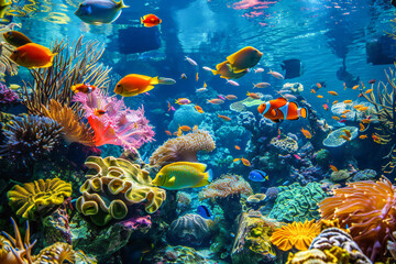 Vibrant fish among colorful corals in a saltwater aqua