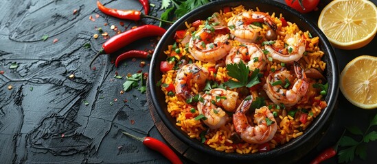Paella. plate of paella, a Spanish rice dish. The paella is made with rice, seafood, chicken, and vegetables. It is cooked in a large pan and is typically served with lemon wedges.
