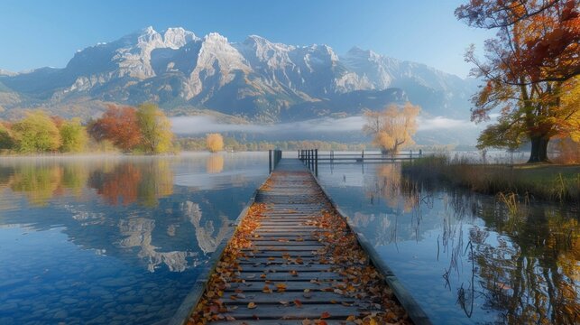 Wooden pier on autumn lake in Alps. Snowy mountains and orange trees on background. Landscape photography
