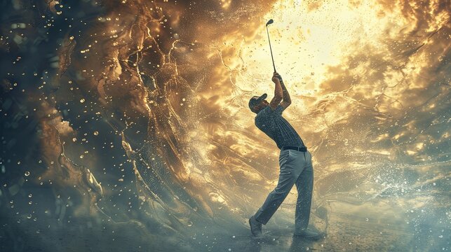 Golfer in action with a dramatic splash of water, capturing powerful swing. Surreal art style. Painted artwork. Concept of professional and luxury sport, leisure time, recreation, games.