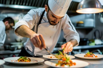 Male chef plating food in plate or preparing cooking food in kitchen at restaurant.