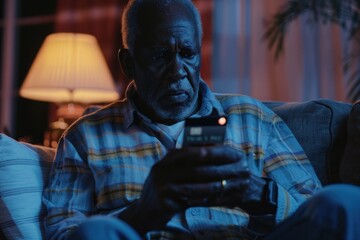 Upset and sad man sitting at home on couch in living room, cheated senior mature african american man displeased holding phone and bank credit card, rejected fund transfer error, account,Generative AI - obrazy, fototapety, plakaty