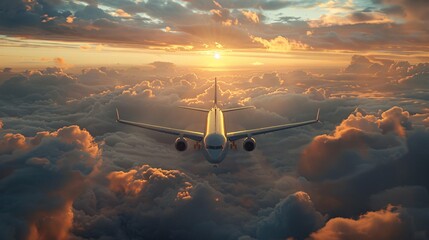 plane in the clouds, sunset, cinematic lighting, beautiful, text copy space