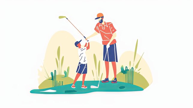 Colorful illustration of little child learning to golf with father, adult man on course with plants. Drawn art style. Concept of professional and luxury sport, leisure time, recreation, games.