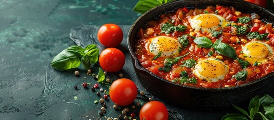 Shakshuka top view. A cast iron skillet with eggs in a tomato sauce. web banner with Copy space for text.