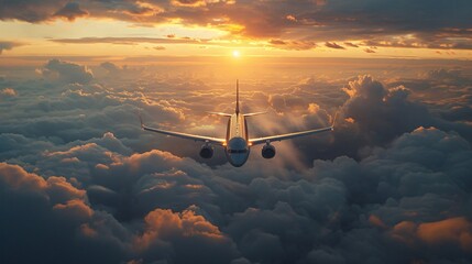plane in the clouds, sunset, cinematic lighting, beautiful, text copy space - Powered by Adobe