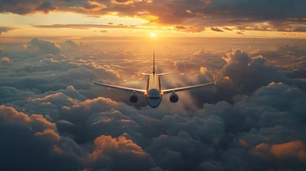 Fotobehang plane in the clouds, sunset, cinematic lighting, beautiful, text copy space © growth.ai