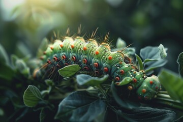 close up of green caterpillar walking across leaves