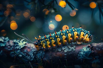 colorful caterpillar on a branch - obrazy, fototapety, plakaty