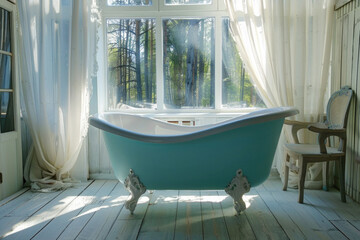 Vintage turquoise bathtub in the bathroom with large windows
