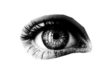Naklejka premium Abstract halftone eye collage element. Trendy grunge design element