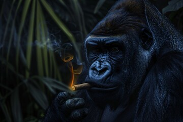 Fototapeta na wymiar As night falls over the jungle the glowing tip of a gorillas cigar illuminates his thoughtful expression a sentinel in the darkness