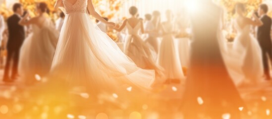 Newlyweds dance at a wedding party in front of guests. yellow light effect