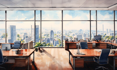 Fototapeta na wymiar Panoramic view inside luxury office in skyscraper. Drawing in watercolor colors.