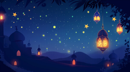 islamic background with view of lantern and star in night mode - obrazy, fototapety, plakaty
