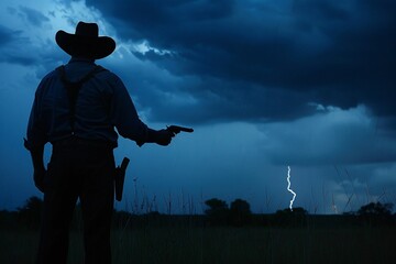 As thunder rolls in the distance a mans silhouette with a gun casts a foreboding presence against the backdrop of a stormy sky