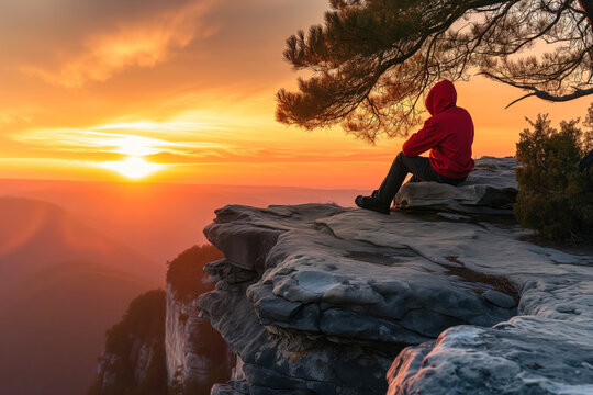 A person sitting on the edge of a cliff watching the sunset